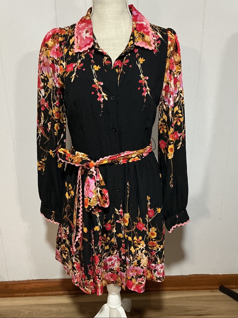 Fate Black Floral Long-Sleeve Shirt Dress with Pink & Yellow Accents